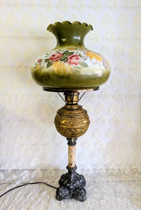 Antique GWTW Banquet Parlor Lamp Marble Onyx Roses Porcelain Shade Lion Brass 