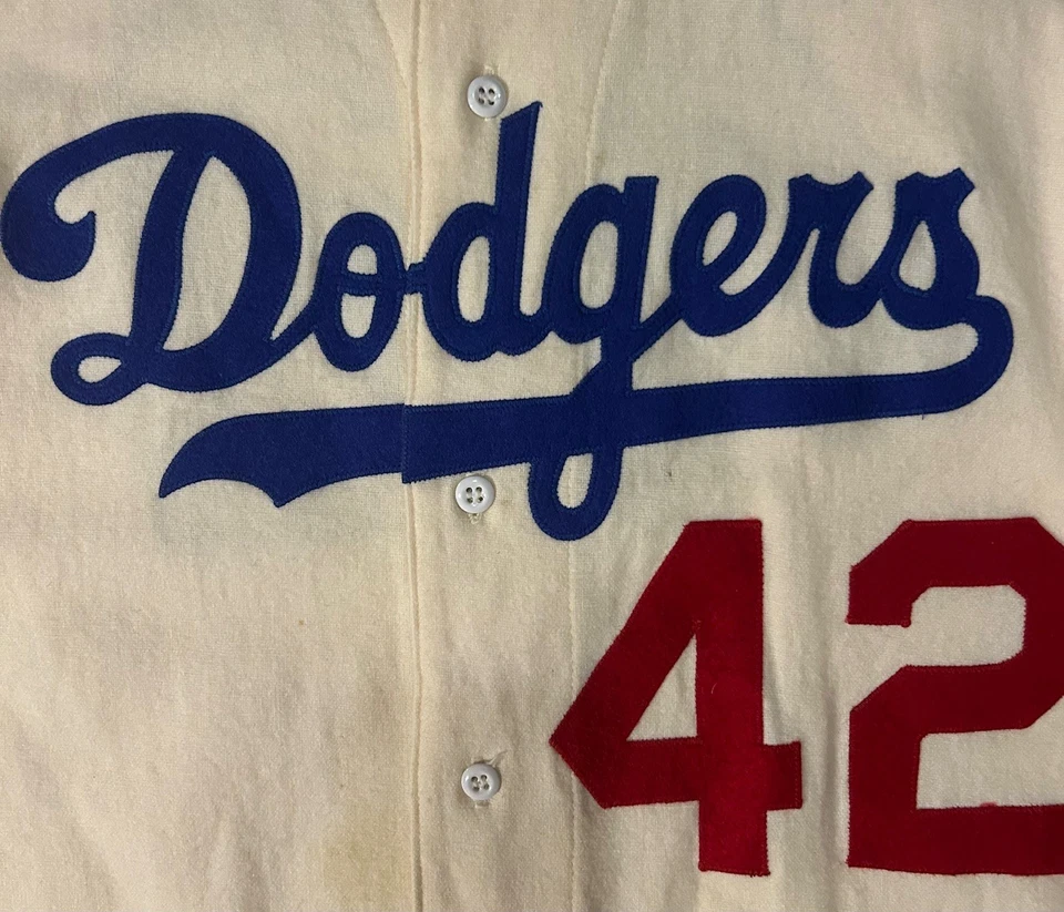 Camiseta deportiva de béisbol de franela de lana de Jackie Robinson, Brooklyn Dodgers años 50 Foto 3 de 4