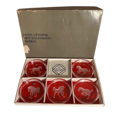 Hoya Japan Reverse Etched Crystal Horse Wine Bottle Coaster Set of 5