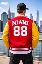 Men’s Red & Yellow Varsity Jacket MIAMI 88 Letterman College Style Wool Leather