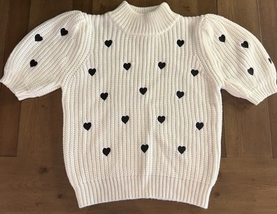 English Factory White Knit Mock Neck Puff Short Sleeve Heart Sweater M
