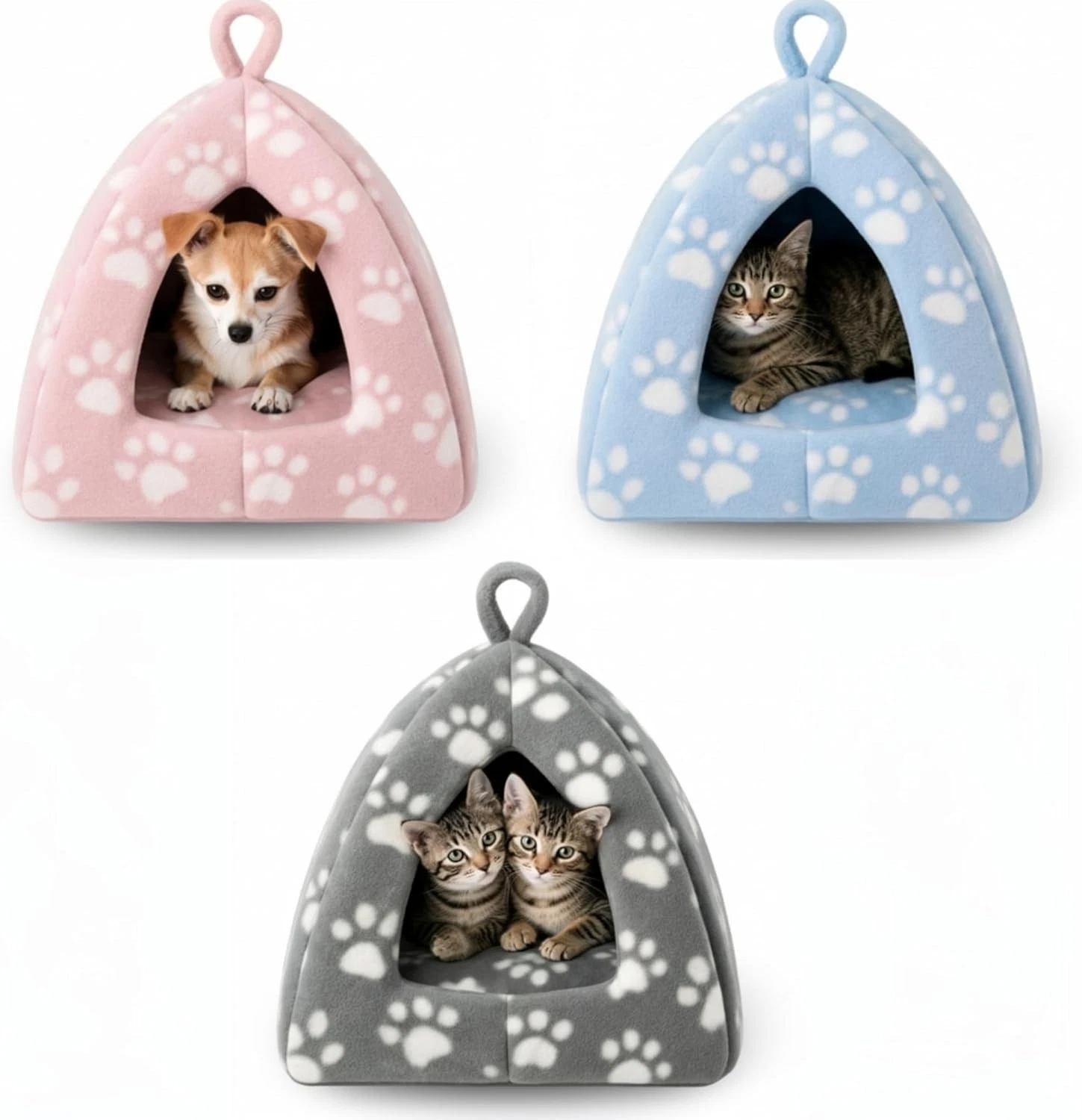 Soft Pyramid Cat & Puppy Cave Bed Warm Foldable Pet House Fleece Cushion