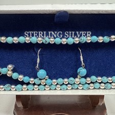 Turquoise and Sterling Silver 3mm Beaded 16 Necklace, Bracelet Earring Set
