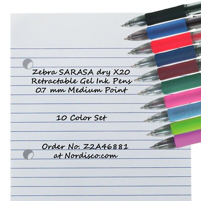 Zebra Sarasa Dry X20 0.7 46881 Retractable Gel Ink Pens, 10 Color