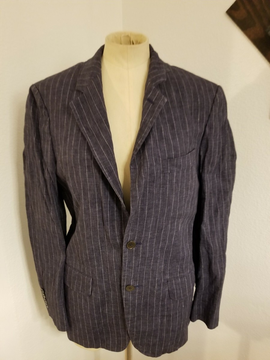 Zara Blazer 36 Womens 100% Flax Blue Striped Single Breasted