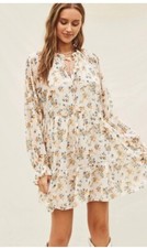Vici Dress Large Women Long Sleeve Boho Floral Swing Ivory Tiered Ruffle Neck