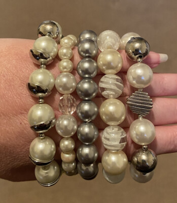 Job Lot Of 5 Faux Pearl Stretch Bracelets Beaded In Different Styles