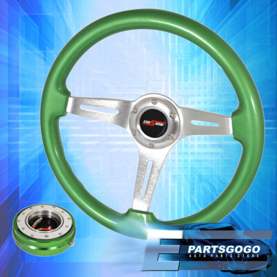Green Wood Silver Center Deep Dish Steering Wheel + Green Slim Quick Release
