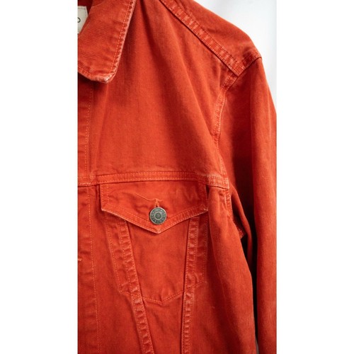 J Brand Vin Magma Red Orange Denim Leather Back Pach Trucker Jean Jacket L - Picture 9 of 14