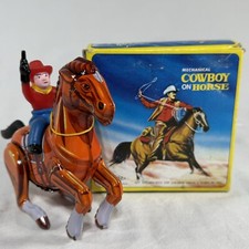 Vintage Wind-Up Cowboy on Horse Tin Lithograph Toy MTU in Original Box HR-342
