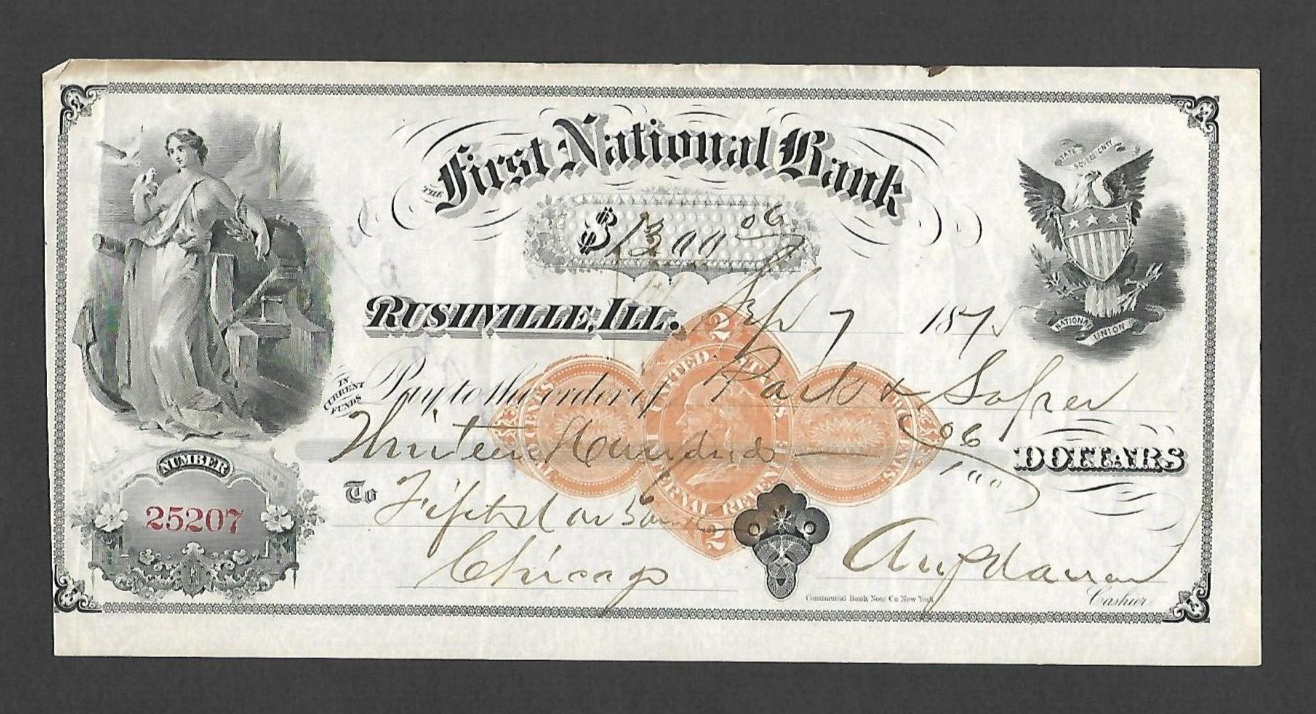 U.S. 1875 BANK CHECK, FIRST NATIONAL BANK, RUSHVILLE, IL W/ REVENUE
