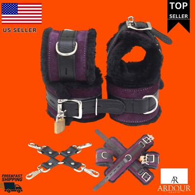 Purple Cowhide Suede Leather Wrist & Ankle Cuffs Set with Fur Lining & Foam Padd