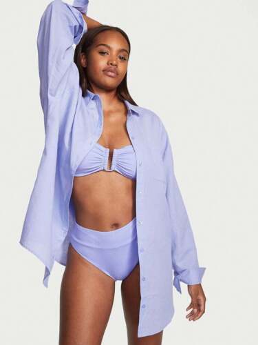 Victorias Secret Boyfriend Shirt Dress Swim Coverup Beach linen Top M 16p1 blue - Picture 3 of 4