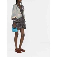 ULLA JOHNSON Sara Ruffled Mini Dress Womens 2 Cream Brown Blue Print Long Sleeve