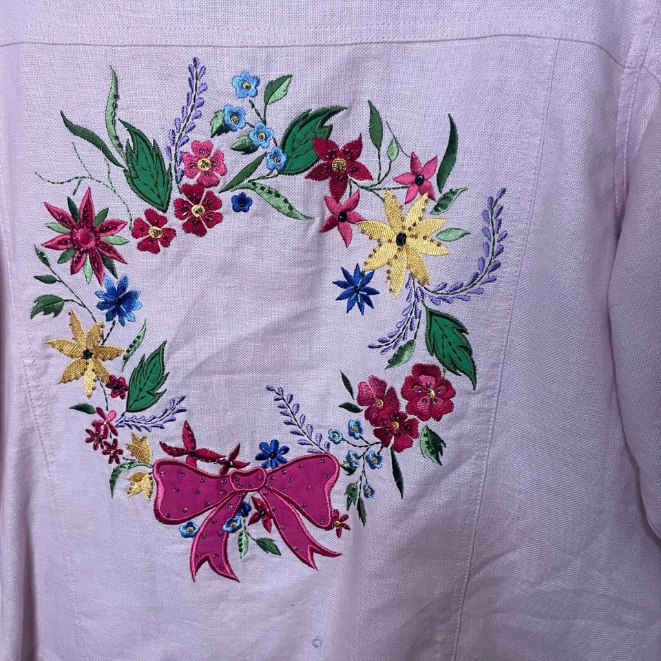 Quacker Factory Pink Linen Blend Embroidered Butterfly & Floral Jacket Sz small  - Image 3 of 4