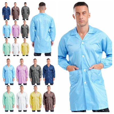 Mens Lab Coat Anti-static Scrubs Jackets Long Sleeve Button Shirt Coat Workwear