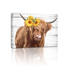 Sunflower Highland Cow Wall Art Funny Farm Animal Canvas Picture Painting