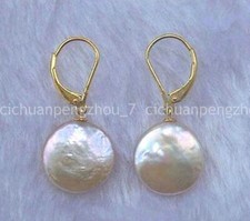 Pretty 11-12mm White Coin Freshwater Cultured Pearl Dangle Leverback Earrings
