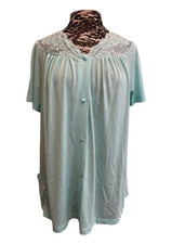 Vintage 60s Shadowline Pajama Top Aqua Blue Embroidery Lace Sleepwear Button 40