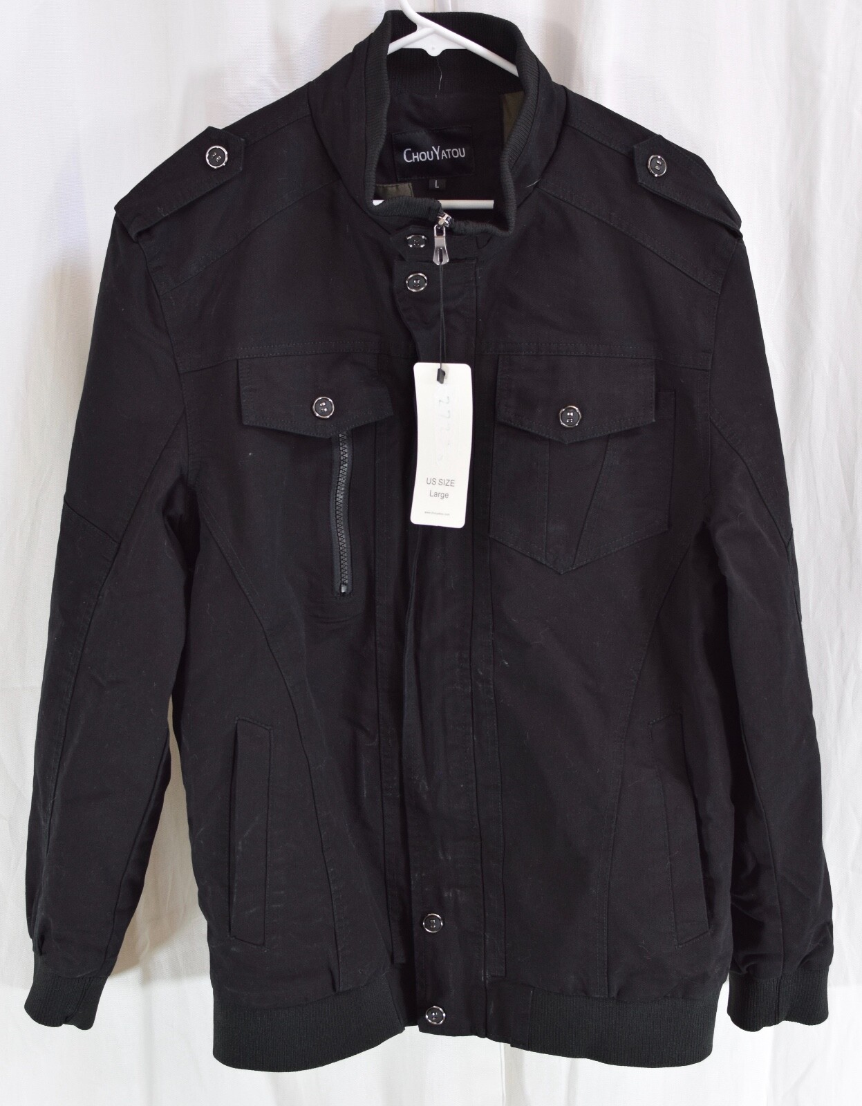 ChouYatou Men's Long Sleeve Zip Pocket Jacket Black Size Lar