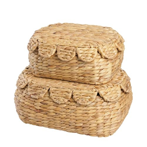 Set of 2 Round Wicker Rattan Storage Baskets with Lids for Home Decor