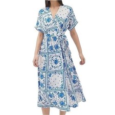NWT Urban Outfitters Womens White Blue Motif Floral Midi Wrap Dress S Boho Flowy