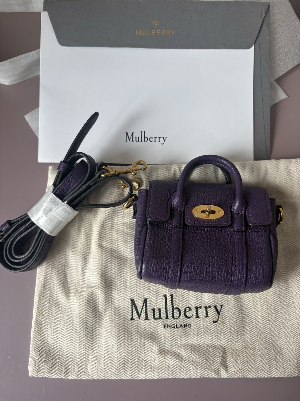 Rare find Mulberry Micro Bayswater in Amethyst, packaging and dust bag
