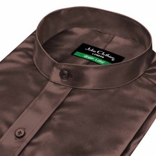 Men Band China Mandarin Collar Shirt Glossy Brown Silk Satin Evening Party Dress