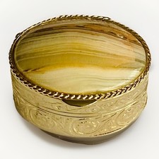 VINTAGE MINI METAL OVAL TRINKET BOX  DECORATIVE ONYX? STONE GOLD-TONE  PILL BOX