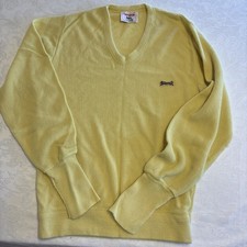 Vintage 80s Grandpa Sweater Men Medium Yellow V-Neck Retro Tiger Logo Wool USA