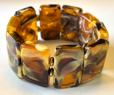 Vintage Chunky Marbled Lucite Stretch Bracelet Brown, Amber, Cream EXC!