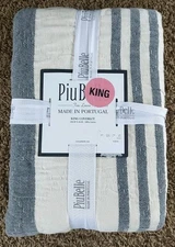 Piubelle Fine Linen KING Quit Cream Grey Stripe Raw Edge 100% Cotton 104” X 94”