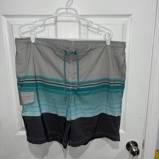 George Men's Swim Trunks XL 40-42 Green, Gray, Blue Stripe Pattern