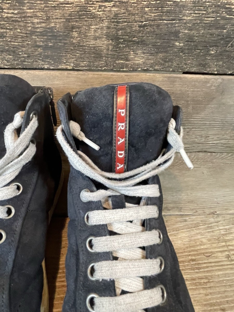 PRADA HIGH-TOP SNEAKERS SHOES BLUE WHITE RED STRIPE SUEDE US 7.5