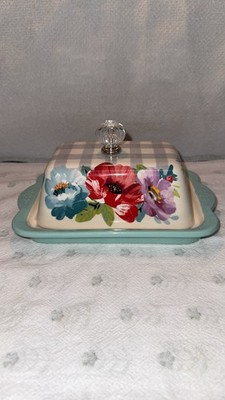 The Pioneer Woman Stoneware Gingham Floral Covered Butter Dish w/ Lid & Tray