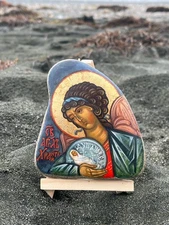 Hand-Painted Guardian Angel Icon on Sea Stone with 24K Gold Leaf – Unique Art