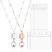 2Pcs Square Badge Necklace Lanyard with 2 Set ID Holder, Silver Tone/Rose Gold
