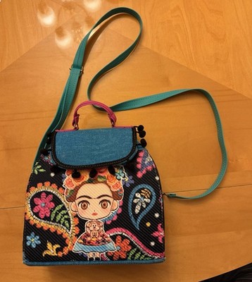 Frida Kahlo Embroidered Mini Backpack Crossbody Teal Straps Zip/Mag Gold HW
