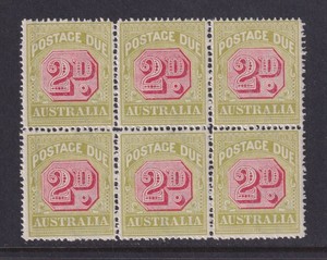 Australia Sc J53 SG D94 MNH 1922 2d Postage Due Crown/A Block of 6 CV $109