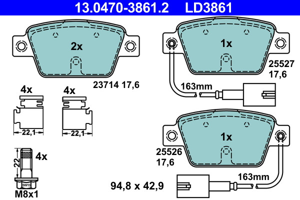 Rear ATE 13.0470-3861.2 Brake Pad Set, disc brake for ALFA ROMEO,CHRYSLER,FIAT,L