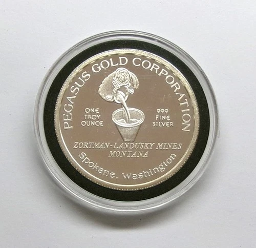 1984 Pegasus Gold Zortman Landusky Mines Montana 1 Oz .999 Silver Proof Round