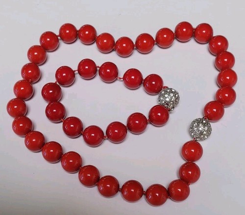 Vintage 68cm Cherry Red Glass 15mm Bead Necklace Bracelet Rhinestone Pave Clasp - Bild 4 von 13