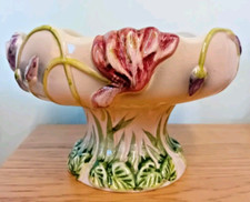 Vintage Beautiful Pedestal Ceramic Plant Holder/Bowl & Raised Flowers H 6.5 In