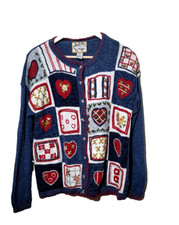 Vtg Heirloom Collectables Cardigan M Blue Floral Hearts Embroidered Ramie Blend