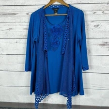 Ali Miles Top Shirt Womens Medium Blue Floral Layered Art to Wear Boxy Sequin