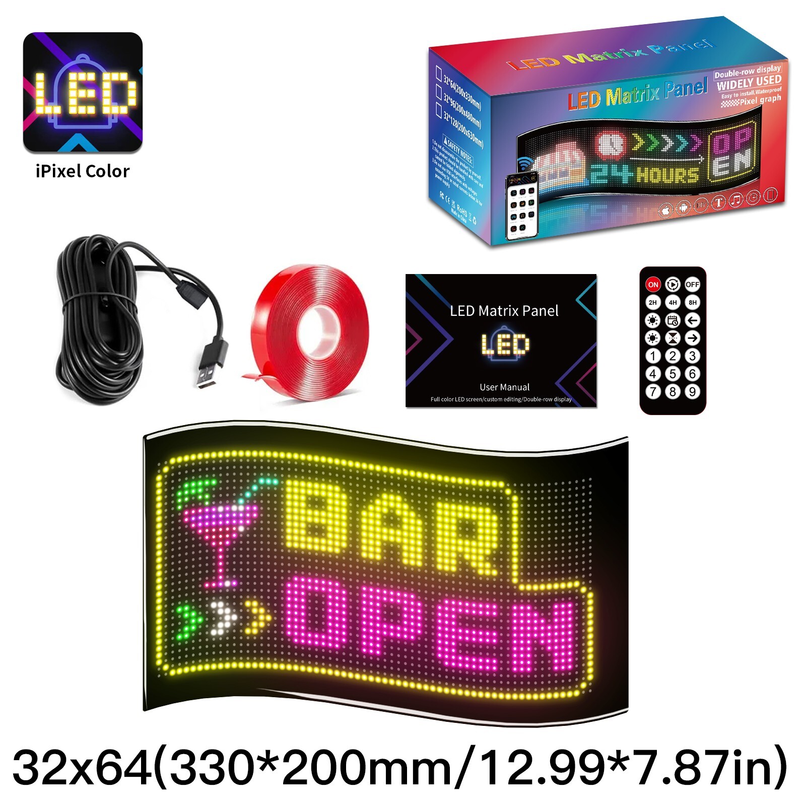 LED Matrix Pixel Panel Flexible Addressable RGB Pattern Scrolling Display USB 5V