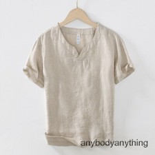 Hot Men 100% Linen T-shirt Retro V Neck Summer Short Sleeves Tops Casual Undersh