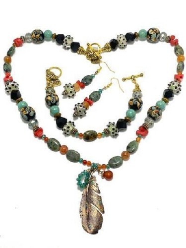 Necklace Set - Metal Feather - Lamp Work Glass, Carnelian, Coral, Jasper - Picture 2 of 9