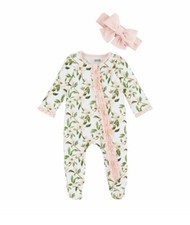 New Mud Pie Baby Girl Bamboo Sleeper Footed  Headband Sz 6-9 Mo Magnolia Zipper