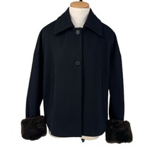 Tomorrowland Two Button Wool Blend Navy Blue Faux Fur Collar Short Coat Size 38